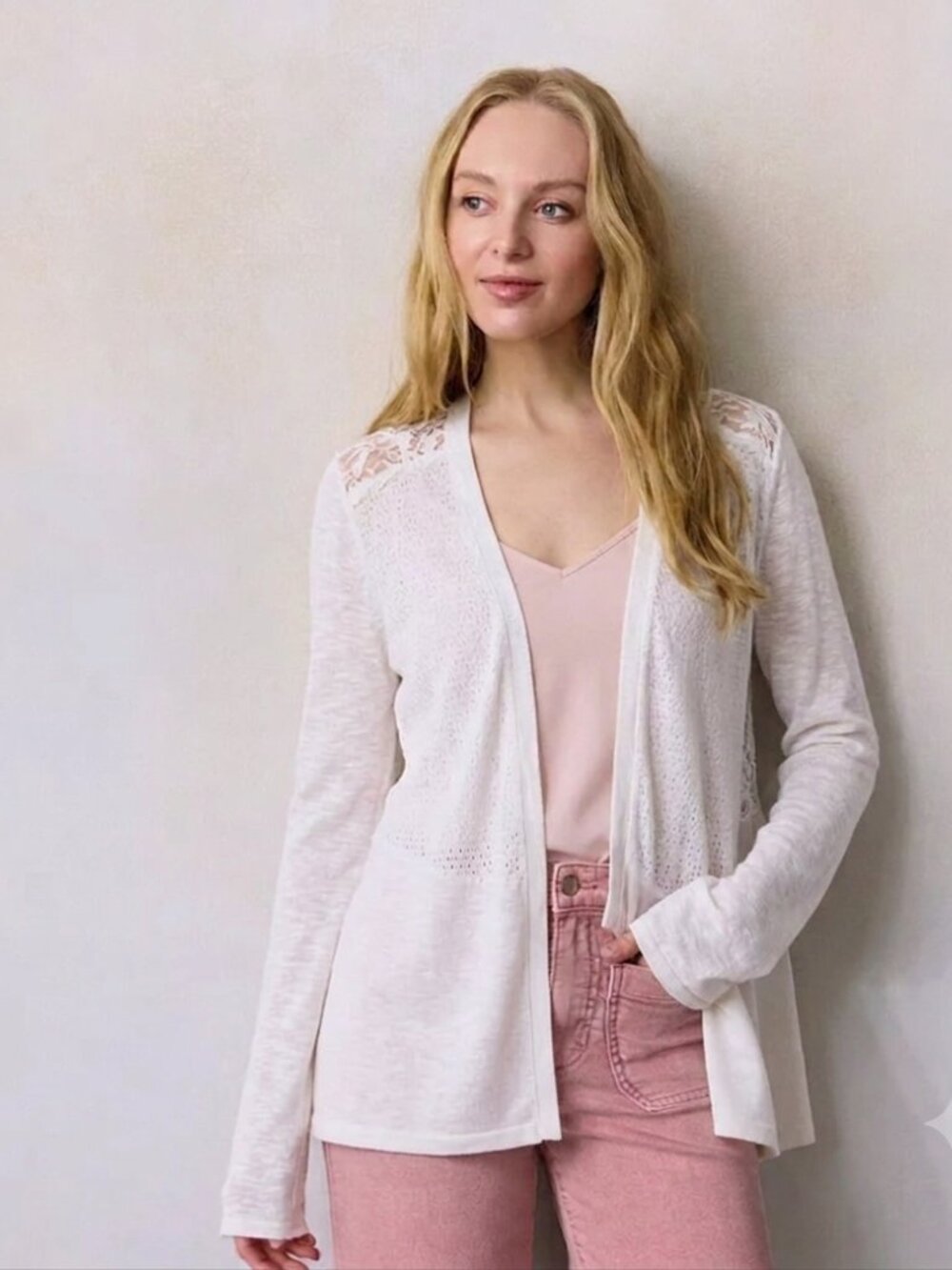 LC Lauren Conrad White Crochet Lace Open-Front Cardigan Size Medium